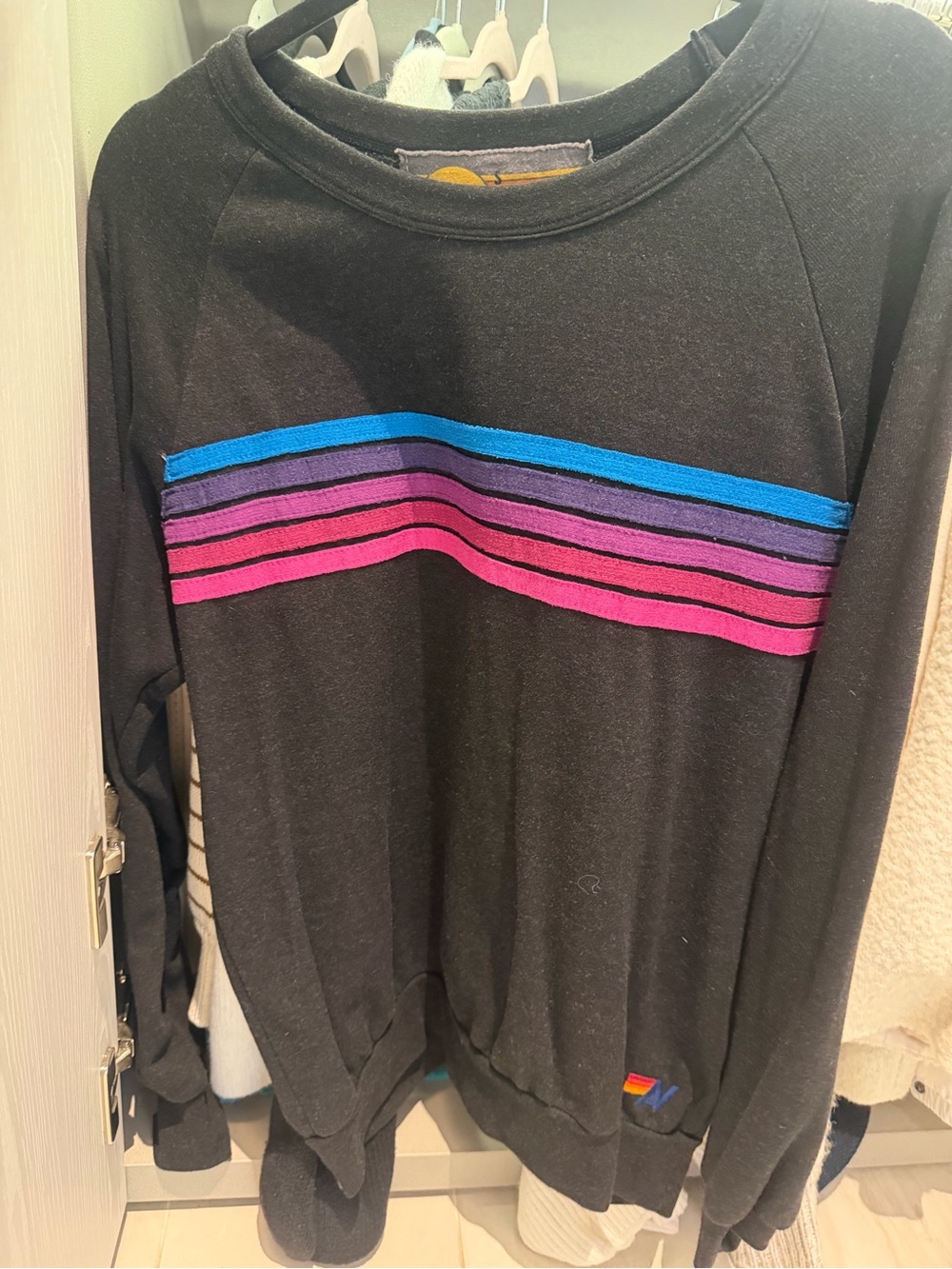 Aviator Nation Black Crewneck Sweater with Blue, Purple & Pink Stripes